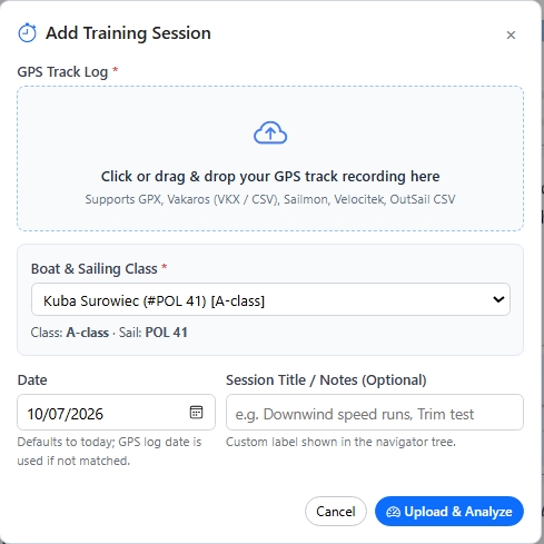 Upload Training Session modal with track file, boat class, and Predefined Boats option
