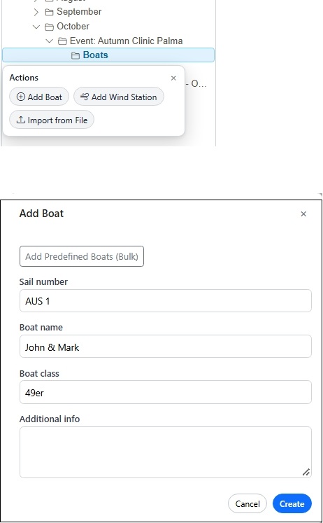 Boats node Action Menu options for adding boats, importing rosters, and adding wind stations