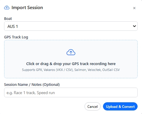 Import Session dialog with boat selection dropdown and track upload zone